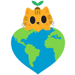 Earth Day, Cat, Planet, Globe, Heart, Recycle, Cape, House, Solar Panel, Wind Turbine, Cute, Cartoon, Green, Blue, Animal, Kitten, Happy, Environment, Nature, Illustration