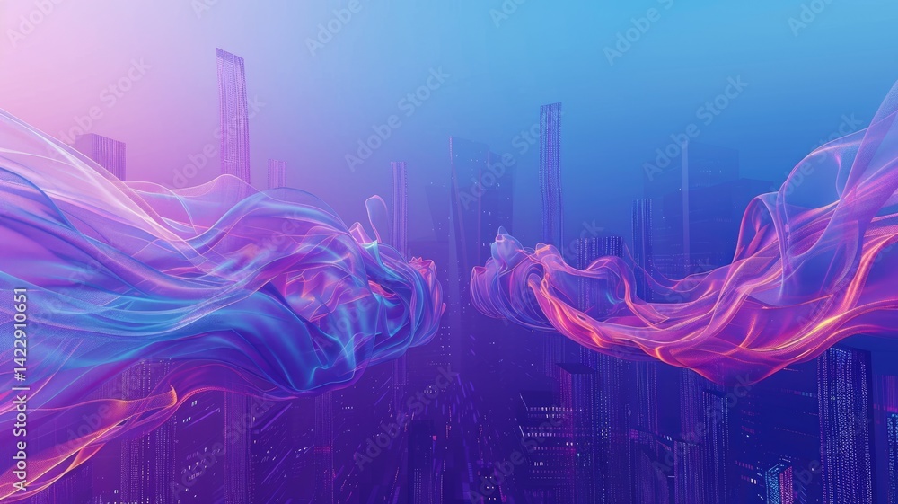Poster abstract digital wave patterns with sparkles and bokeh. digital artwork of pastel gradient purple an