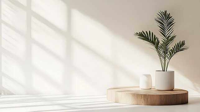 Fototapeta Stylish plant decor on a wooden table showcasing shadows and light in a tranquil setting