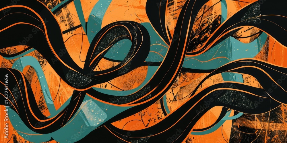 Poster abstract green and orange flowing lines with topographic elements. abstract image of digital wave wi