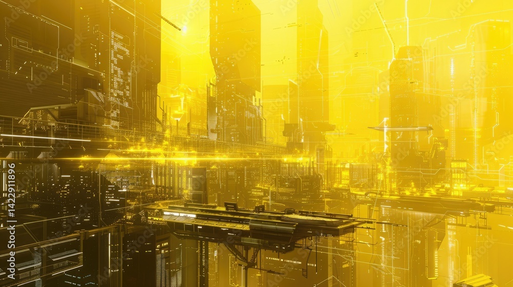 Poster a vibrant abstract visualization featuring a futuristic cyberpunk cityscape in striking yellow tones