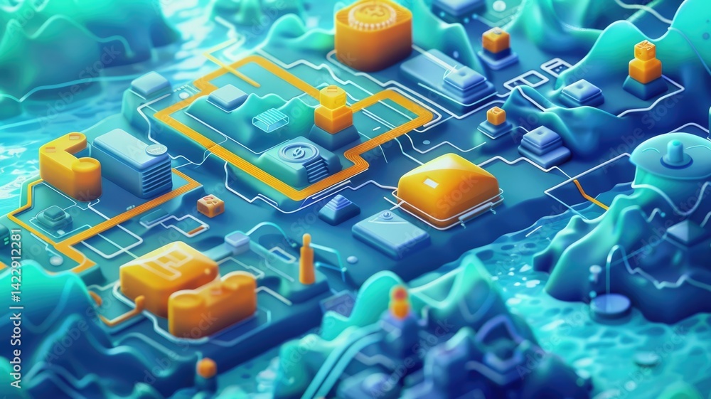 Poster futuristic circuit board with glowing components. digital art of blue digital hologram with vibrant 