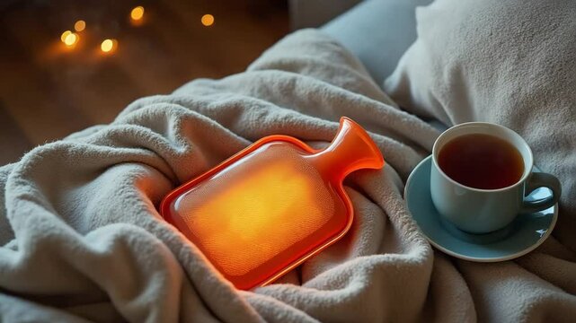 Cozy Moment with Hot Water Bottle and Tea on Blanket in Warm Light

