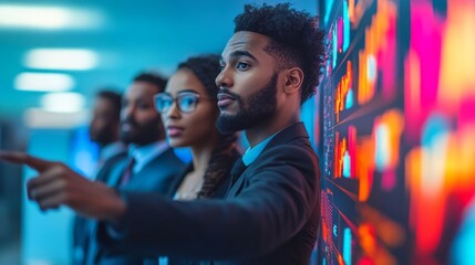 Naklejka premium Professionals analyze financial data displayed on screens during a meeting