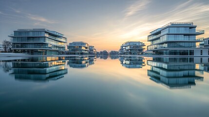 Fototapeta premium Reflections of Contemporary Architecture on Tranquil Water Surface at Sunset