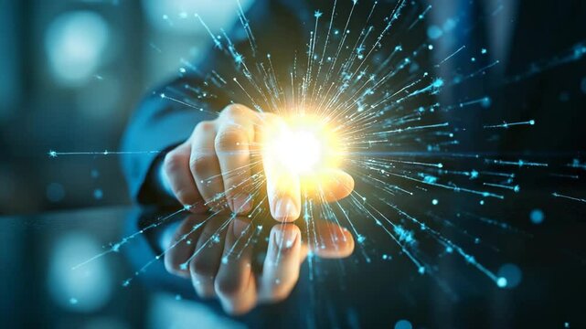 Finger touching digital burst of blue holographic light in futuristic interface