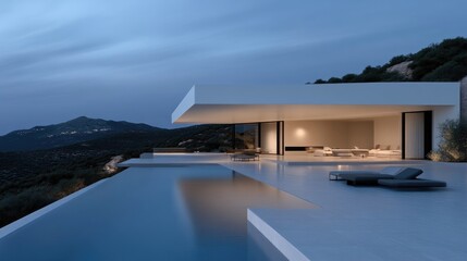 Fototapeta premium A modern minimalist luxury villa with an infinity pool overlooks rolling hills at dusk.