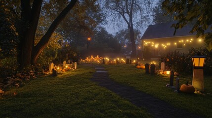 Obraz premium Enchanting Halloween night scene with illuminated decorations and spooky graveyard