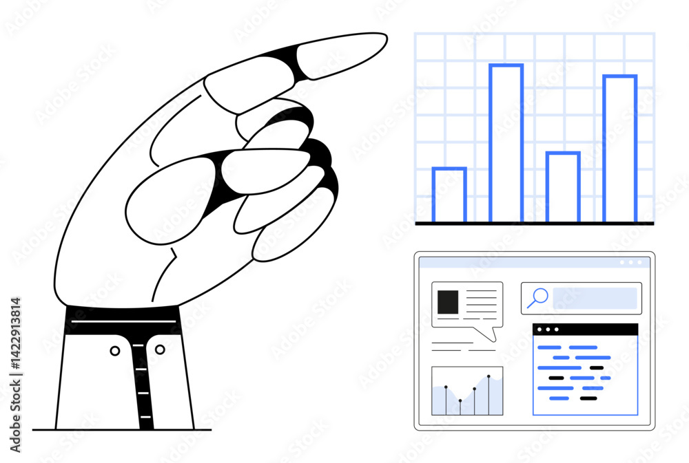 Poster hand pointing with focus on bar graph and web ui featuring search and analytics tools. ideal for dat