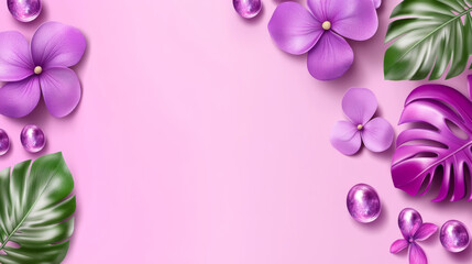 Purple flowers and green leaves are artfully arranged on soft pink background, creating vibrant and elegant design. composition includes glossy spheres adding touch of modernity
