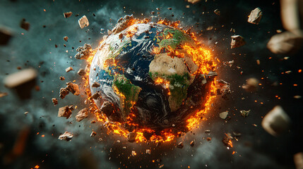 Shattered earth symbolizes global chaos and conflict representing a fractured world order instability climate crisis geopolitical tension and the urgent need for unity and global cooperation

