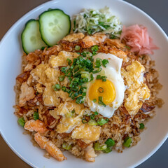 delicious plate of fried rice topped with sunny side up egg, garnished with green onions, served with sliced cucumber, shredded cabbage, and pickled ginger