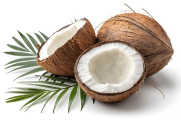 Split Coconut Close-Up with White Flesh and Palm Leaves on White Background