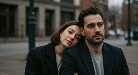 Couple expressing affection while enjoying a city street backdrop  