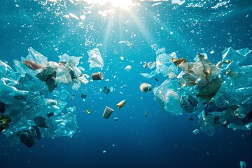 Floating plastic waste and garbage underwater with sunlight rays in a digital art style, blue ocean background, concept of environmental pollution. Ai generative