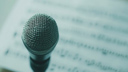 Isolated Microphone with Music Sheets on Background