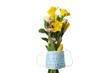 Bright flowers arranged with a mask symbolize appreciation for nurses, isolated on white, PNG