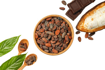 Cacao beans, chocolate pieces, and a cocoa pod are artistically arranged on a white background,...