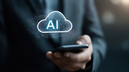 Businessman using smartphone with AI cloud technology graphics  