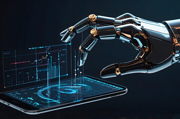robotic Hand Interacting with Futuristic Digital Interface