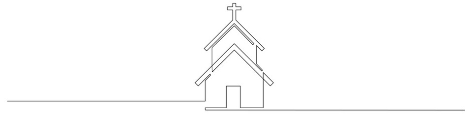 Minimal continuous line art icon of a church building with cross. Ideal for faith illustrations, worship symbols, religion graphics, architecture icons, and spiritual content design.
