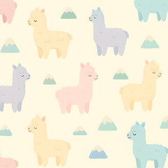 Cute pastel alpacas in a seamless pattern on mountain hills minimal kawaii design for nature lovers