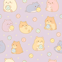 Cute pastel hamsters playing with balls seamless pattern kawaii design minimal environment for creative projects