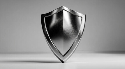A shiny modern metal shield floats against a clean background symbolizing strong protection cybersecurity durability and defense in a high-tech futuristic concept of safety and resilience

