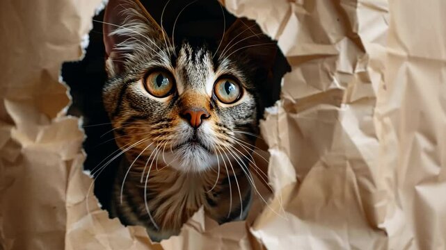 Curious young cat peeks through a hole in crinkled paper, displaying wide eyes and an inquisitive expression