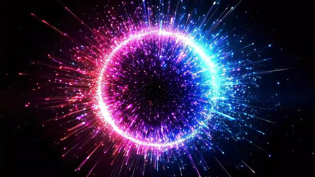 Exploding Ring of colorful neon particles and Light in Dark Space