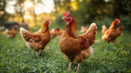 Fototapeta premium free range chickens pecking and grazing on the farm - stock photo