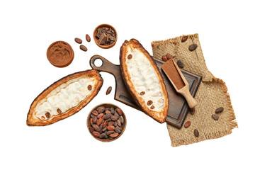 Cacao pods are sliced to reveal sweet filling, with nearby beans for chocolate preparation,...