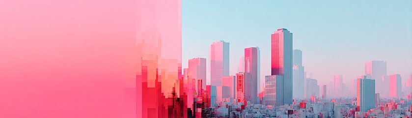 Fototapeta premium Glitch art futuristic city, fragmented skyscrapers, digital noise effects, surreal cyber-tech landscape, AI-infused urban vision, abstract dystopian metropolis, glitchcore aesthetic, immersive