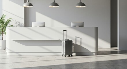 modern hotel reception area featuring sleek front desk, stylish luggage, and natural light. minimalist interior design emphasizes travel themes in contemporary hospitality environment