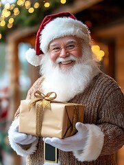 Santa Holds Gift Outdoors