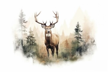 Double exposure photography deer and forest wildlife antler animal.