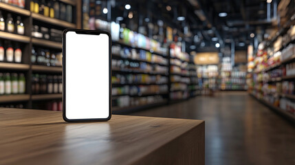 Smartphone with a blank white screen placed on a sleek modern counter in a softly blurred grocery store background symbolizing digital shopping convenience apps and future retail tech

