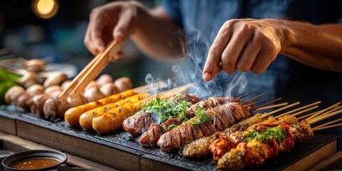 Thai street food vendor preparing grilled skewers at night market, smoke rising from charcoal stove under yellow light