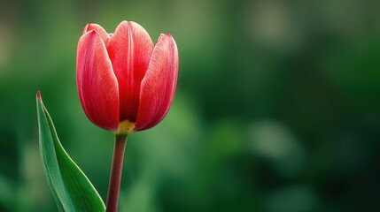 Fototapeta premium a single red tulip flower on a green background, a close-up shot with copy space. 