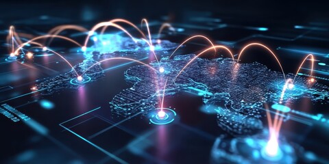 Global business connections illustrated by dotted lines and digital points around a world map, showing intercompany communication.