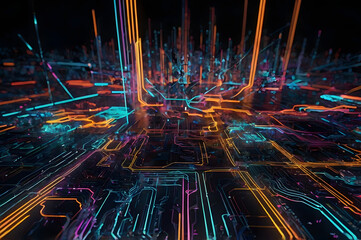 Abstract Digital Network with Neon Connectivity Lines