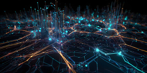 Abstract Digital Network with Neon Connectivity Lines