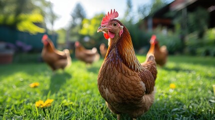 group of free range chickens grazing on the grass - stock photo