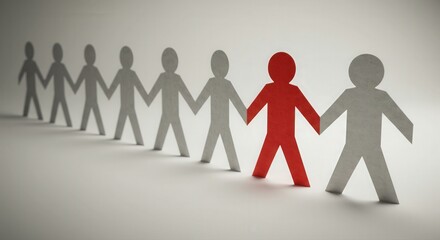 unity concept featuring paper cutouts with one red figure amidst gray. symbolizing diversity and uniqueness in team dynamics, individuality in group, standout personality in uniformity