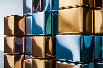 Shiny Metallic Cubes Stacked in Abstract Formation