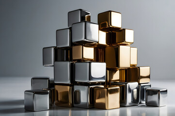 Shiny Metallic Cubes Stacked in Abstract Formation