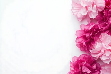 Pink paper flowers border on white background, decorative, backdrop, design, spring aesthetic, wedding, floral