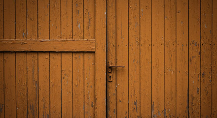 Fototapeta premium Weathered Orange Wooden Door with Peeling Paint and Rusty Handle Rustic Texture