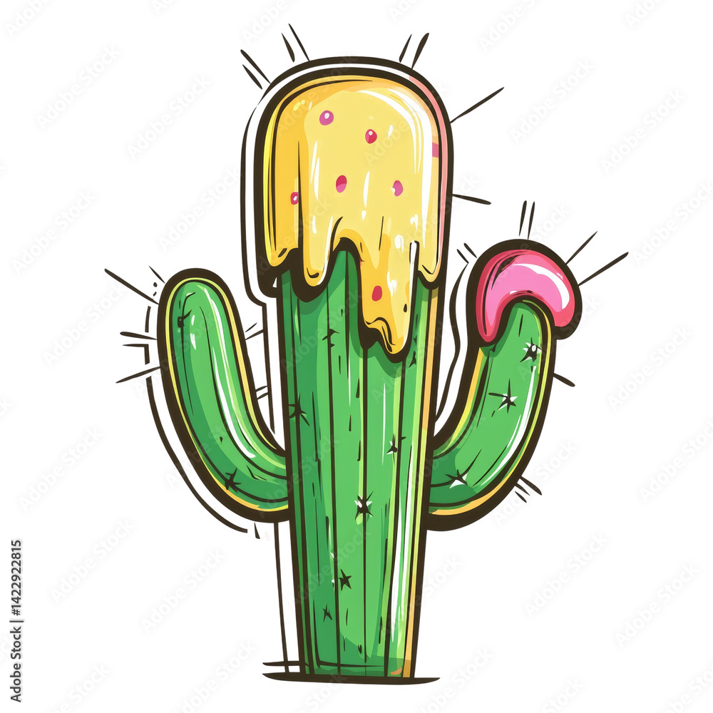 Poster stylized cactus illustration with drips of vivid color on dark background