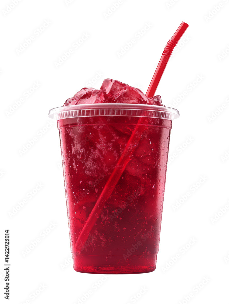 Poster refreshing translucent ruby beverage with ice and a vibrant straw against darkness